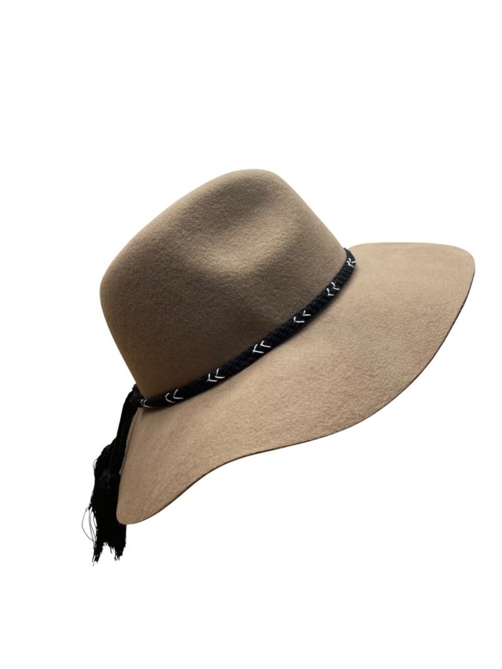 American Eagle Women Beige Wool Wide Brim Floppy Hat With Black Braided Cord